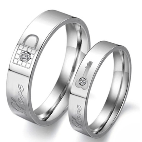 Stainless Steel Love Lock & Key Wedding Band Set - Picture 2 of 12